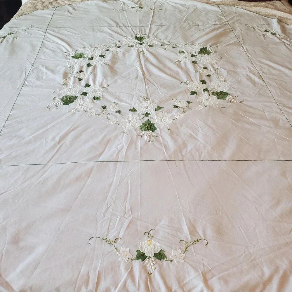 Vintage Hand Embroidered Floral Applique White Cotton Tablecloth 86